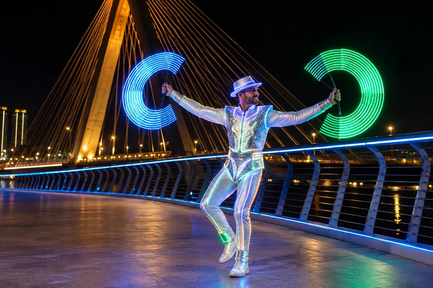 LED performer with light poi on a bridge at night